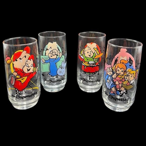 Vintage Alvin & The Chipmunks & Chipettes Drinking Glasses Set of 4 - 1980s - Picture 2 of 10